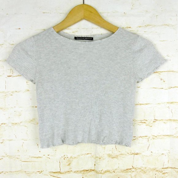Brandy Melville Ribbed Crop Top Womens One Size Gray Lettuce Hem Short Sleeve - Picture 2 of 9
